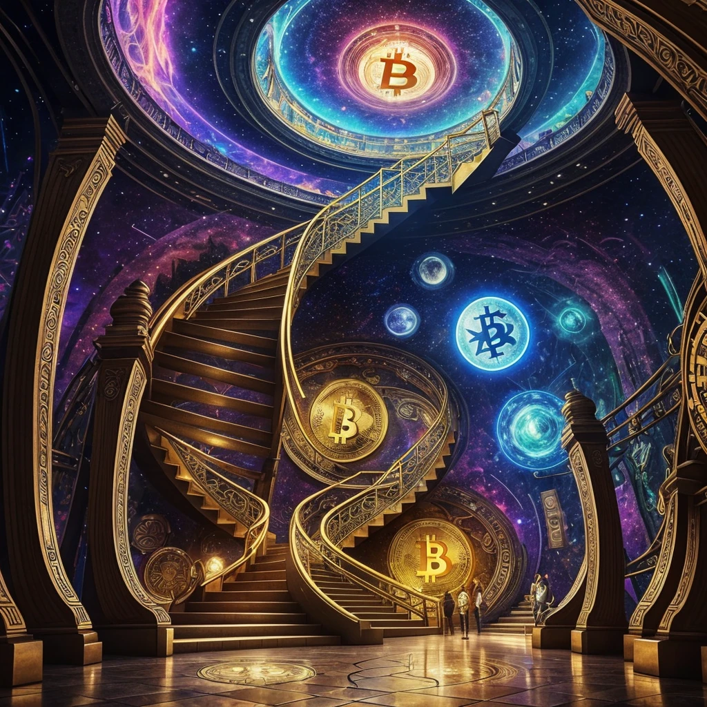 the stairs to happiness in front of a giant $coin surrounded by Bitcoin and Ethereum and other $coins, concept art trending, psychedelic art, the encrypted metaverse, crypto, deepdream cosmic, happy deep dream, cryptocurrency, connecting social media platforms, giant crypto vault, crypto valut, deeper into the metaverse we go, better future