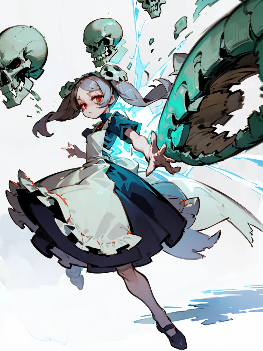 (masterpiece, best quality, highly detailed, UHD), skullgirl, marie, maid dress, , burst charge, white background