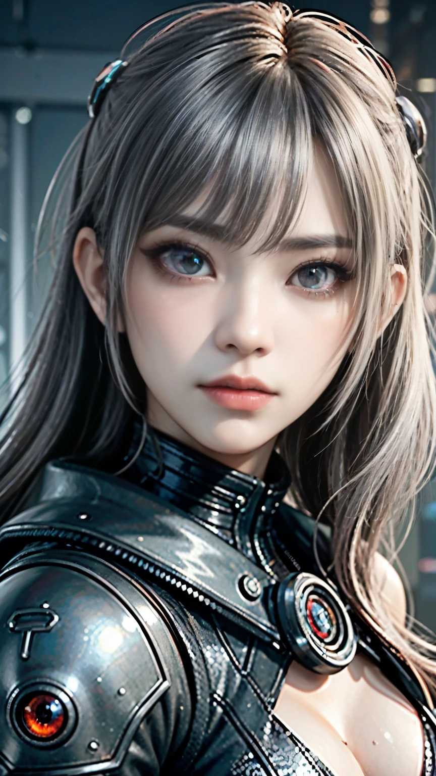 Game Art，Best image quality，Highest Resolution，8K，((Bust photo))，((Portraiture))，((Head close-up))，(Three-part method)，Unreal Engine 5 rendering， (Future Girl)，(Woman warrior)， 22 year old girl，(Female Hacker)，(Gray Hair，Ancient oriental hairstyle)，((Red eye pupil:1.3))，(Beautiful eyes with attention to detail)，(Big Breasts)，(eye shadow)，Elegant and attractive，Indifference，((anger))，(A futuristic cyberpunk jacket，joint armor，The clothes are decorated with intricate Chinese patterns.，Gemstone brilliance)，Cyberpunk characters，Futuristic Style， Photo pose，Urban Background，Cinema Lighting，Ray Tracing，Game CG，((3D Unreal Engine))，OC Rendering Reflective Pattern