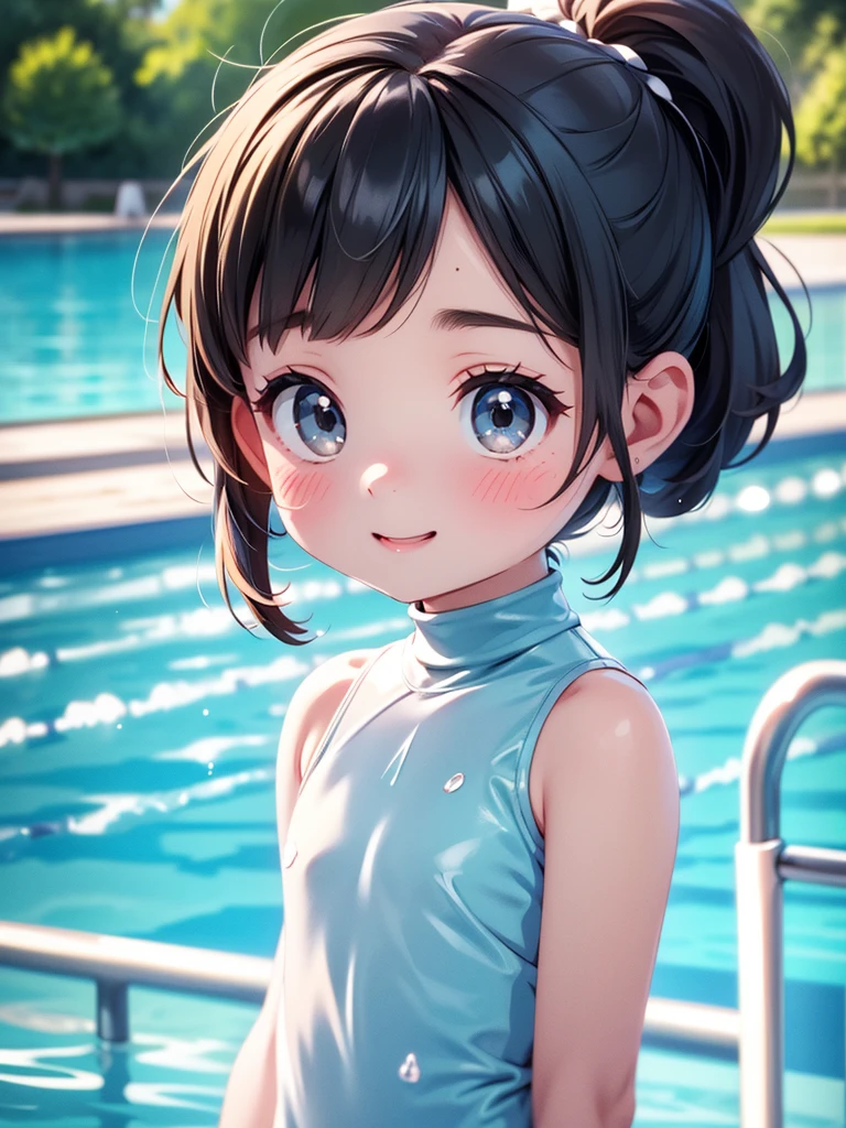Highest quality、High resolution、Detailed Background、(Beautiful face in every detail:1.4)、Anatomically correct、(Detailed facial expressions)、(Fine grain:1.2)、age Beauty、Cute hair colour、Braided Ponytail、Braided bob cut、Braided twin tails、Junior competitive swimmer, ((Turtleneck one-piece swimsuit)), Clear sapphire glass swimsuit, Small breasts、Perfect body line、Thick thighs、((Full body shot)), View your viewers, Poolside, Wet Skin, School swimming pool、 Gentle smile、Fun atmosphere、Cute gestures