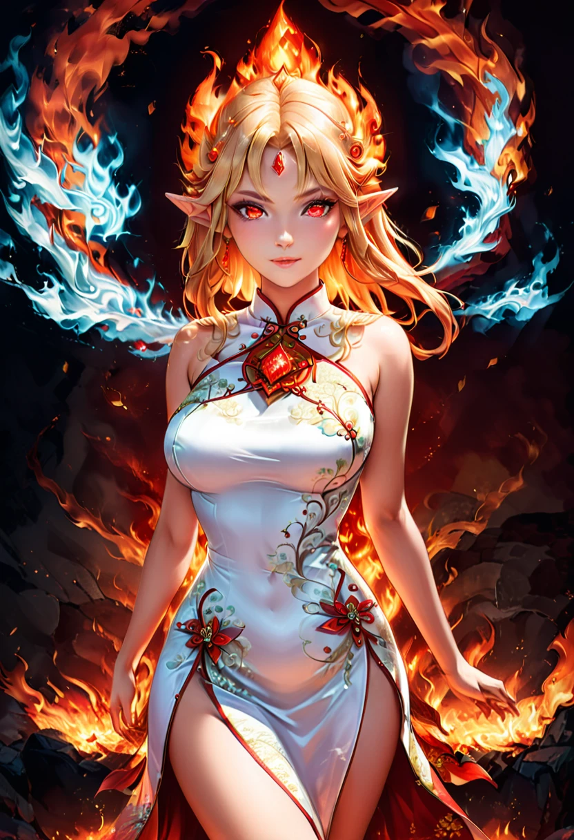 high details, best quality, 16k, [ultra detailed], masterpiece, best quality, (extremely detailed), full body, ultra wide shot, photorealistic, fantasy art, dnd art, rpg art, realistic art, an ultra wide picture of a female elf (intricate details, wearing fiery (white Cheongsam studded with red diamonds: 1.5), Masterpiece, best quality: 1.5) goddess of fire ((fiery radiant aura)), controlling a swirling red fire, fiery red radiant magic (1.5 intricate details, Masterpiece, best quality), manipulating purple radiant magical symbols, [[divine symbols]] (intricate details, Masterpiece, best quality: 1.5), elf female, (blond hair: 1.3), long hair, hair with aura, with red radiant eyes, intense eyes, (( red glowing eyes: 1.3)), she wears Cheongsam with fiery patterns, (the fire leaps from the patterns on Cheongsam into live fire: 1.3), fantasy volcano back ground, streams of lava, dynamic background, high details, best quality, highres, ultra wide angle, diam0nd, fire that looks like...