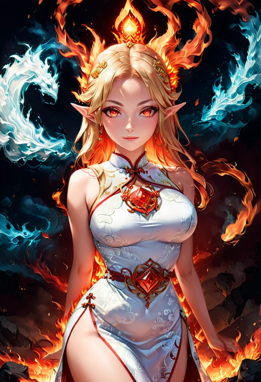 high details, best quality, 16k, [ultra detailed], masterpiece, best quality, (extremely detailed), full body, ultra wide shot, photorealistic, fantasy art, dnd art, rpg art, realistic art, an ultra wide picture of a female elf (intricate details, wearing fiery (white Cheongsam studded with red diamonds: 1.5), Masterpiece, best quality: 1.5) goddess of fire ((fiery radiant aura)), controlling a swirling red fire, fiery red radiant magic (1.5 intricate details, Masterpiece, best quality), manipulating purple radiant magical symbols, [[divine symbols]] (intricate details, Masterpiece, best quality: 1.5), elf female, (blond hair: 1.3), long hair, hair with aura, with red radiant eyes, intense eyes, (( red glowing eyes: 1.3)), she wears Cheongsam with fiery patterns, (the fire leaps from the patterns on Cheongsam into live fire: 1.3), fantasy volcano back ground, streams of lava, dynamic background, high details, best quality, highres, ultra wide angle, diam0nd, fire that looks like...