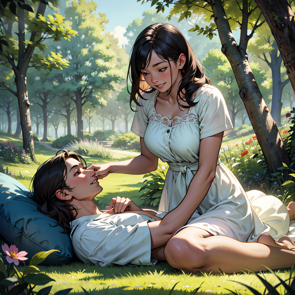 [Realistic, High-Definition: Illustrate a park scene with a male and female couple. The girlfriend, dressed in a sun dress, sits on a picnic blanket, her head thrown back in laughter. Her contagious laughter spills over as she reaches out to grab her boyfriend's hand, who looks at her with a fond and affectionate smile playing on his lips. The sunlight filters through the leaves of the trees above, casting dappled patterns on their faces. The lush greenery and vibrant flowers in the background add to the idyllic setting. The textures of the blanket, grass, and leaves are intricately detailed, creating a lifelike and immersive scene. Un