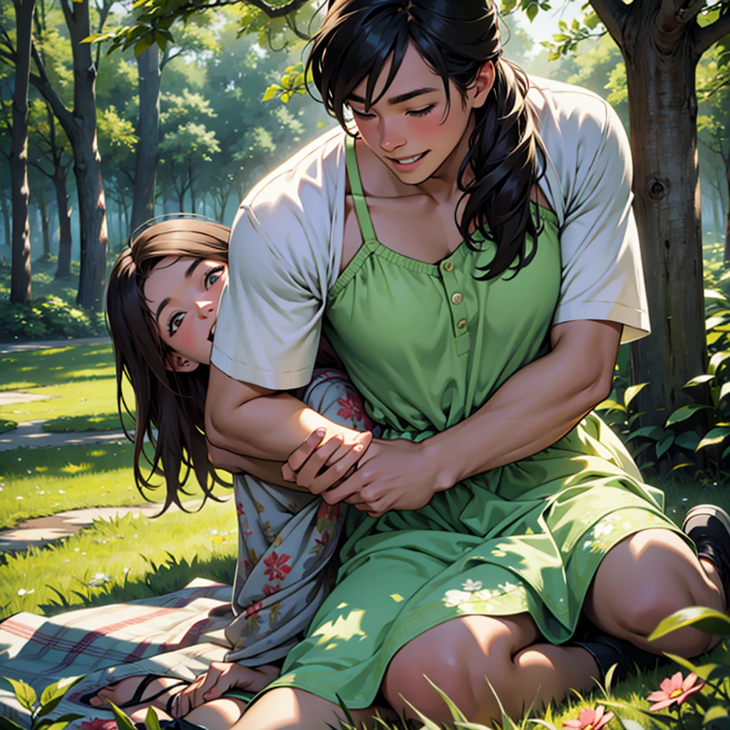 [Realistic, High-Definition: Illustrate a park scene with a male and female couple. The girlfriend, dressed in a sun dress, sits on a picnic blanket, her head thrown back in laughter. Her contagious laughter spills over as she reaches out to grab her boyfriend's hand, who looks at her with a fond and affectionate smile playing on his lips. The sunlight filters through the leaves of the trees above, casting dappled patterns on their faces. The lush greenery and vibrant flowers in the background add to the idyllic setting. The textures of the blanket, grass, and leaves are intricately detailed, creating a lifelike and immersive scene. Un