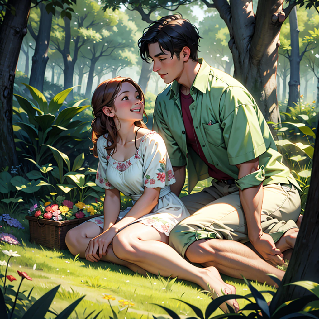 [Realistic, High-Definition: Illustrate a park scene with a male and female couple. The girlfriend, dressed in a sun dress, sits on a picnic blanket, her head thrown back in laughter. Her contagious laughter spills over as she reaches out to grab her boyfriend's hand, who looks at her with a fond and affectionate smile playing on his lips. The sunlight filters through the leaves of the trees above, casting dappled patterns on their faces. The lush greenery and vibrant flowers in the background add to the idyllic setting. The textures of the blanket, grass, and leaves are intricately detailed, creating a lifelike and immersive scene. Un