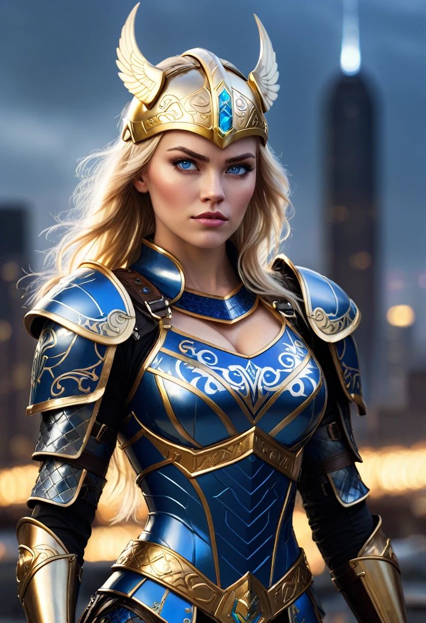 comic book style, illustration of A blonde woman, glowing blue eyes, pretty face, full face. medium length straight hair over one shoulder. she wears shiny dark blue armor with gold trim (deep vneck and exposed cleavage), large breasts, hex pattern on armor, intricate runes carved on armor, reflective surface, and a (Viking helmet with wings on the side covers her head:1.3), intricate details, armored glove, (left glove is gold with gemstones and runes). she stands straight backed, hands on hips. a stern expression on her face. Modern city background, war zone, complex background, blurry background. emphasize her powerful stance and command of lightning. (highres:1.3) (4k,8k,best quality, masterpiece), full-body image