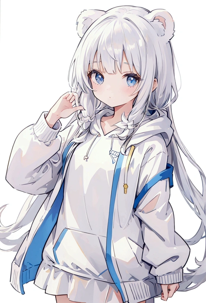 a cute girl,wearing bear ear white hoodie,white background