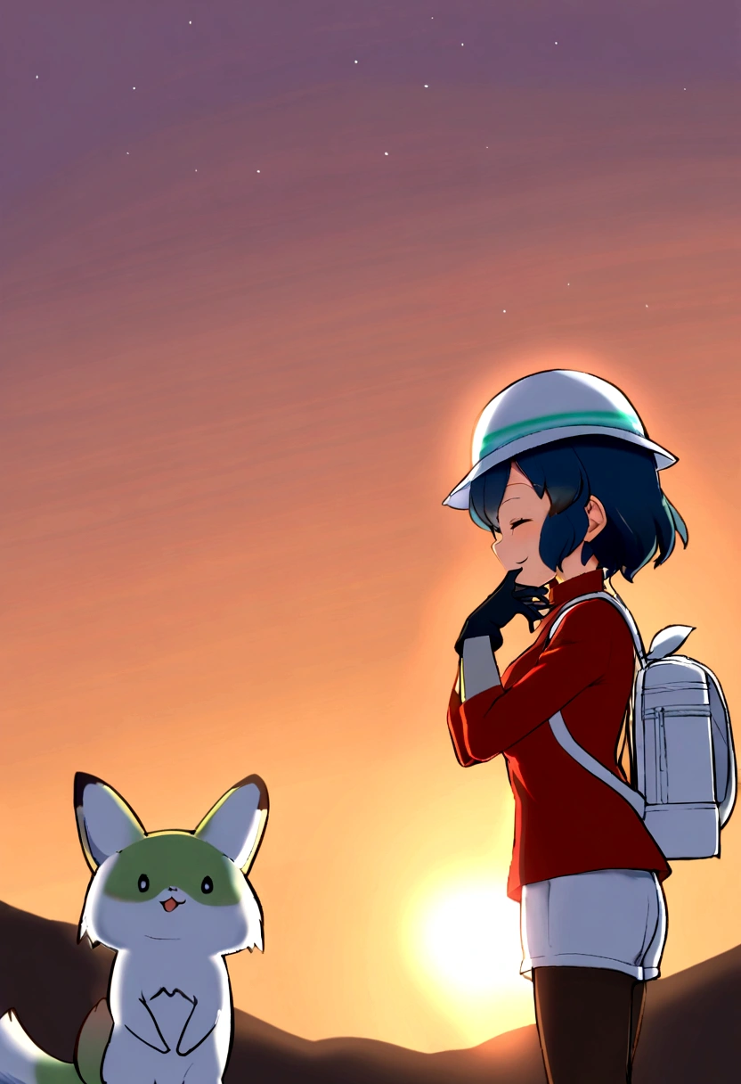(1girl,kaban \(kemono friends\),kemono friends),black short hair,smile,white hat,white backpack,tight clothes,black gloves,red shirt,white shorts,pantyhose,standing,smile,closed eyes,right hand on own face,twilight,