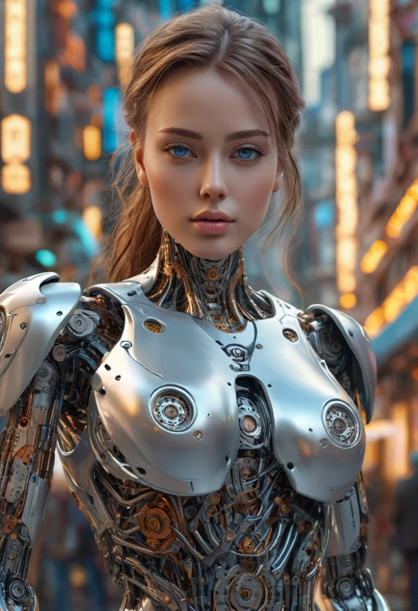 a beautiful woman-robot standing in a futuristic city backdrop, detailed intricate mechanical parts seamlessly blended with a slender, graceful humanoid form, magnificent anatomy and physique, 1/2 body crop, (best quality, 4k, 8k, highres, masterpiece:1.2), ultra-detailed,(realistic, photorealistic, photo-realistic:1.37), HDR, (intricate details:1.12), (intricate details, hyper-detailing:1.15), (natural skin textures, hyper realisitc, soft light, Sharp:1.2)