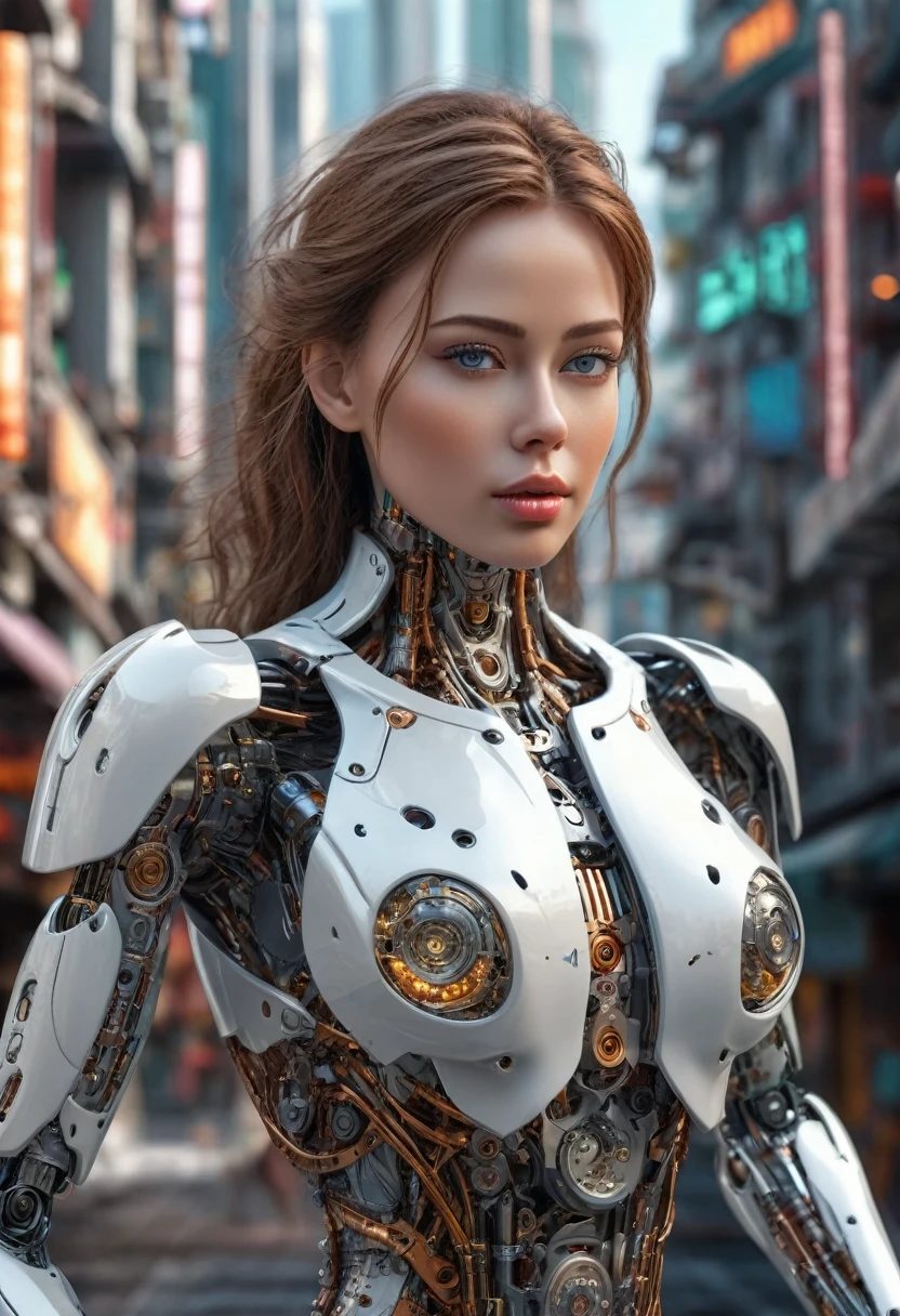 a beautiful woman-robot standing in a futuristic city backdrop, detailed intricate mechanical parts seamlessly blended with a slender, graceful humanoid form, magnificent anatomy and physique, 1/2 body crop, (best quality, 4k, 8k, highres, masterpiece:1.2), ultra-detailed,(realistic, photorealistic, photo-realistic:1.37), HDR, (intricate details:1.12), (intricate details, hyper-detailing:1.15), (natural skin textures, hyper realisitc, soft light, Sharp:1.2)