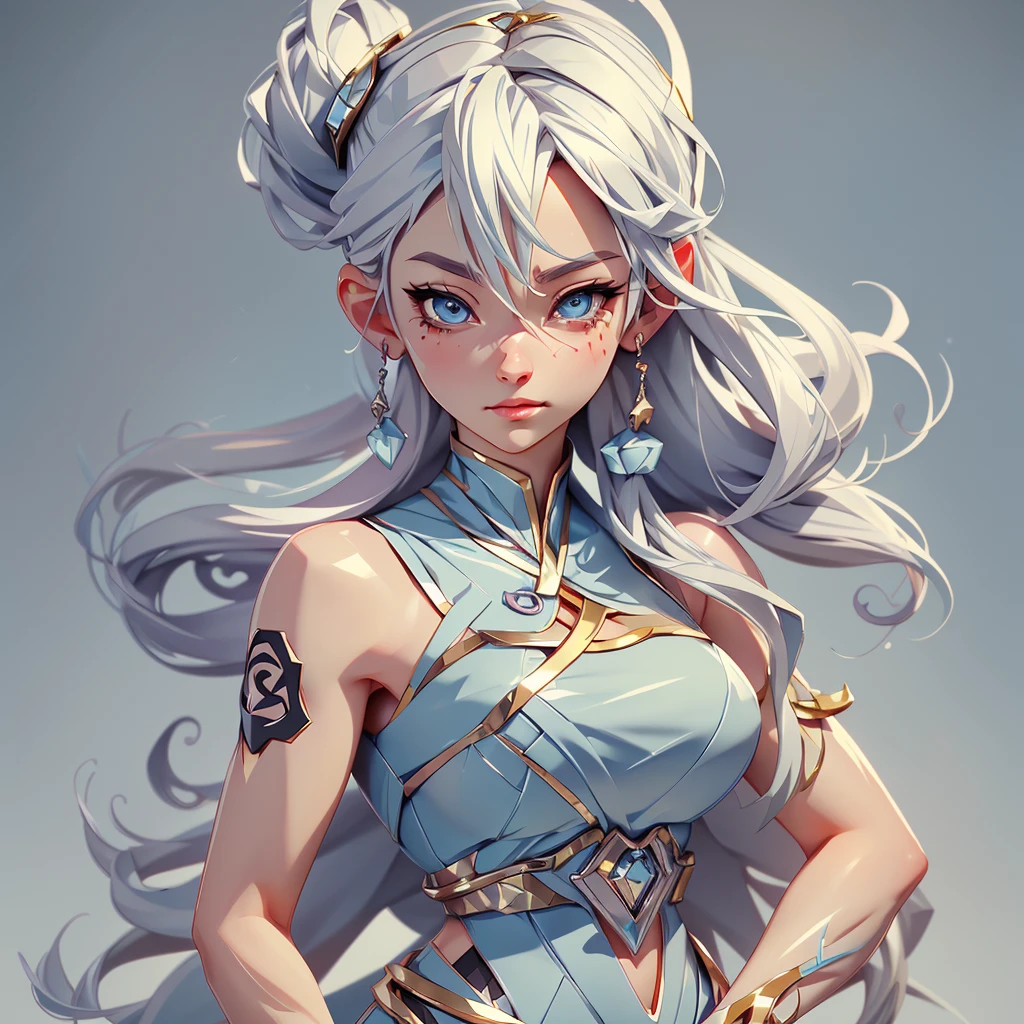 Adult anime woman with silver hair, 1 elegant and subtle tattoo, female character anime art style. A detailed portrait, with light blue eyes, a woman's body, smooth and soft skin, athletic and artistic, high quality