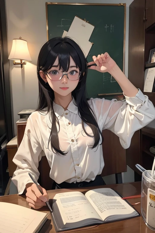 Highest quality、masterpiece、High sensitivity、High resolution、Detailed Description、Slim Body、Glasses、looks fun、