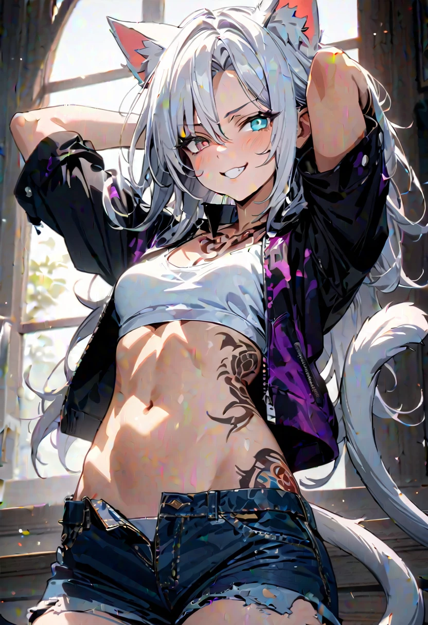 Adult girl, long white hair, cat ears, cat tail, multi-colored eyes, heterohromia, left eye purple, right eye turquoise, red learher ripped spike jacket, white tight top, purple print, blue shorts, lot of tattoo, scars, open belly, small breasts, wide neckline, boob window, window in chest, little muscles, smirk, claws, hands behind head, Masterpiece, best quality, Full HD, 8k, ultra details, great graphic