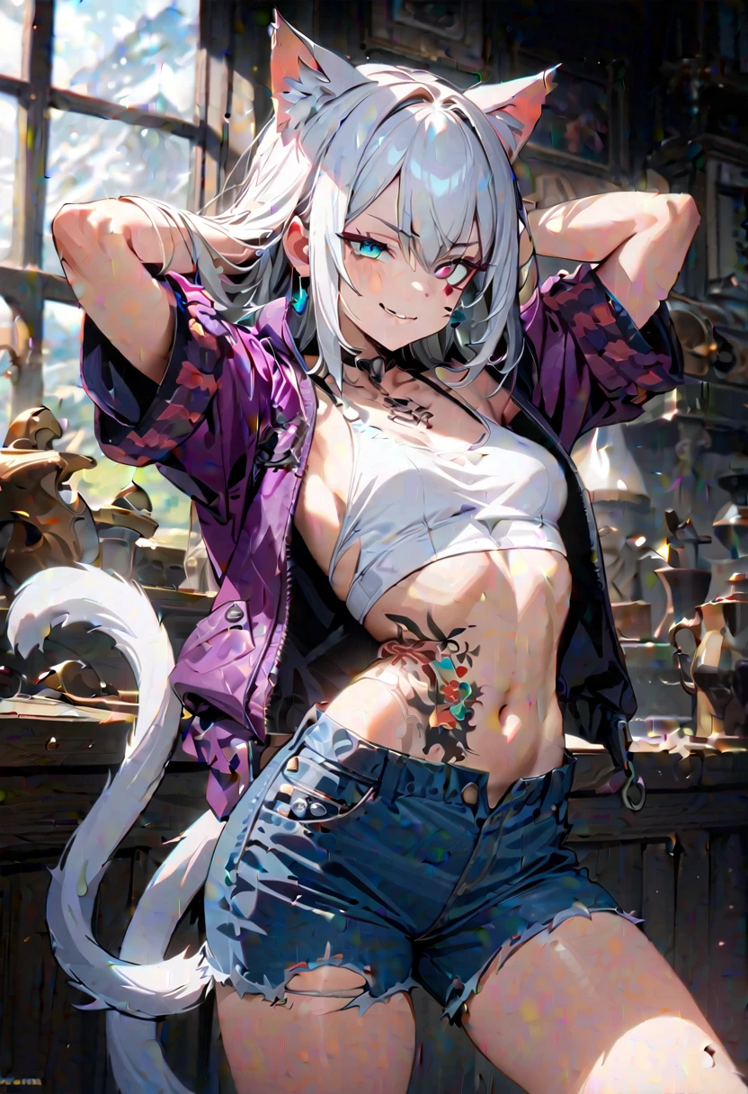 Adult girl, long white hair, cat ears, cat tail, multi-colored eyes, heterohromia, left eye purple, right eye turquoise, red learher ripped spike jacket, white tight top, purple print, blue shorts, lot of tattoo, scars, open belly, small breasts, wide neckline, boob window, window in chest, little muscles, smirk, claws, hands behind head, Masterpiece, best quality, Full HD, 8k, ultra details, great graphic