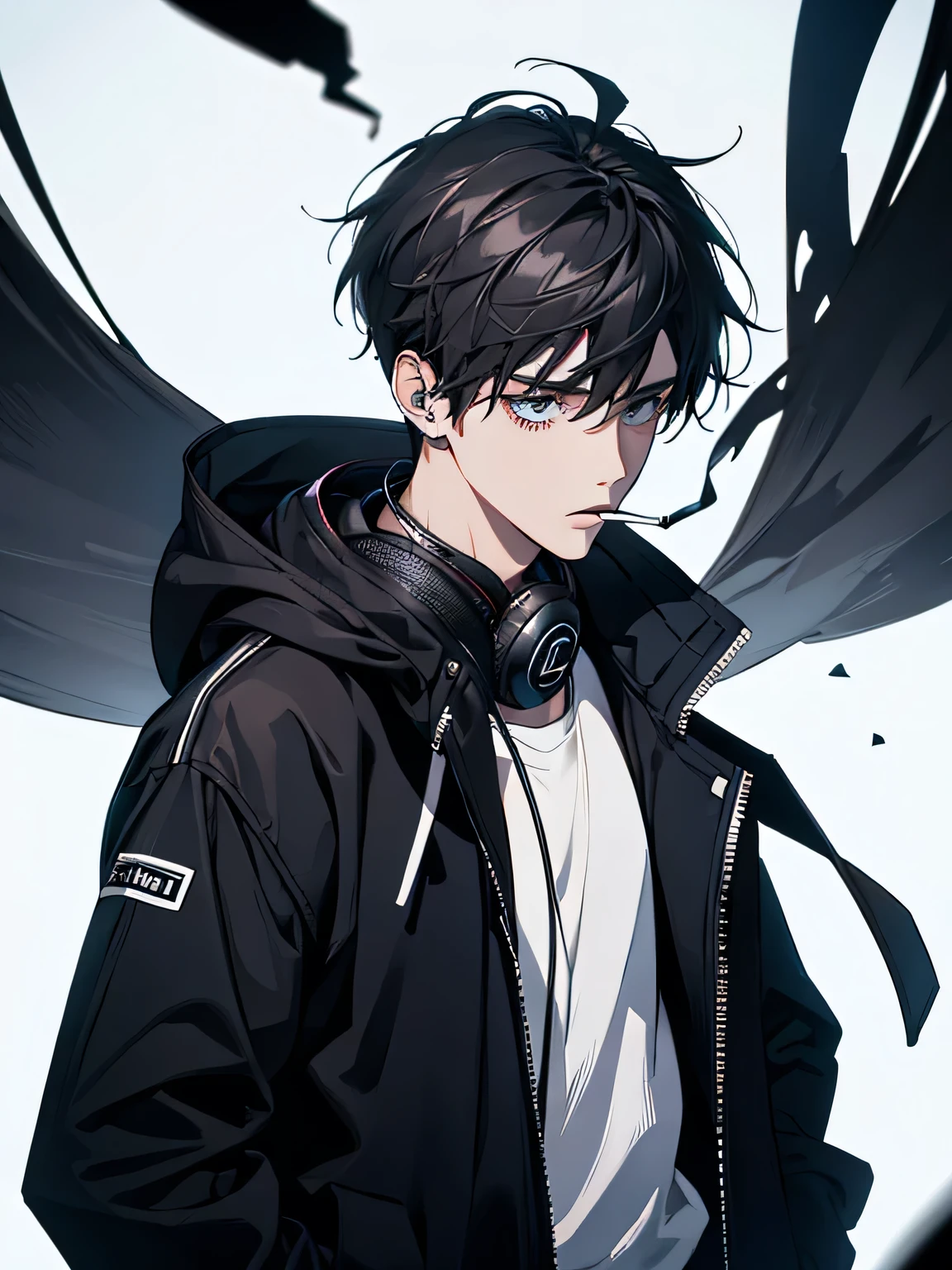 male, This is a boy, smoking in a black jacket and white. And I listen to music on headphones, headphones.