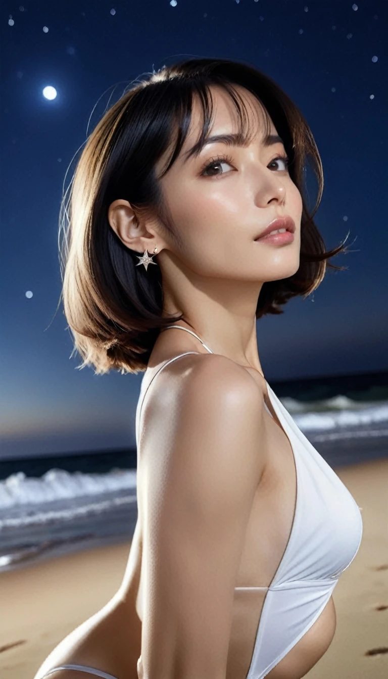 8K, masterpiece, RAW Photos, Highest quality, Realistic, Very detailed, Depth of written boundary, Cinematic Light, Anatomically correct body,
One sexy and beautiful mature woman,
Black bob cut short hair, Very beautiful face, Exquisitely detailed face, Glamorous Body,
Transparent white skin, Very detailed肌の質感, Beautiful and big breasts, Shapely ass, Firm thighs,
White bikini swimsuit, Detailed cloth texture, Gorgeous necklace, Gorgeous earrings,
Starry sky background, Dark sandy beach at night, Pitch black sea surface,
Beautiful back view,