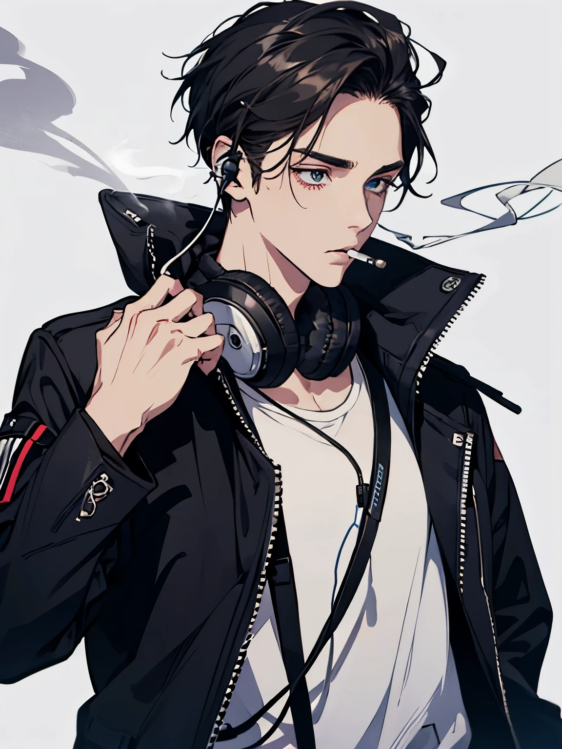 male, This is a boy, smoking in a black jacket and white. And I listen to music on headphones, headphones.