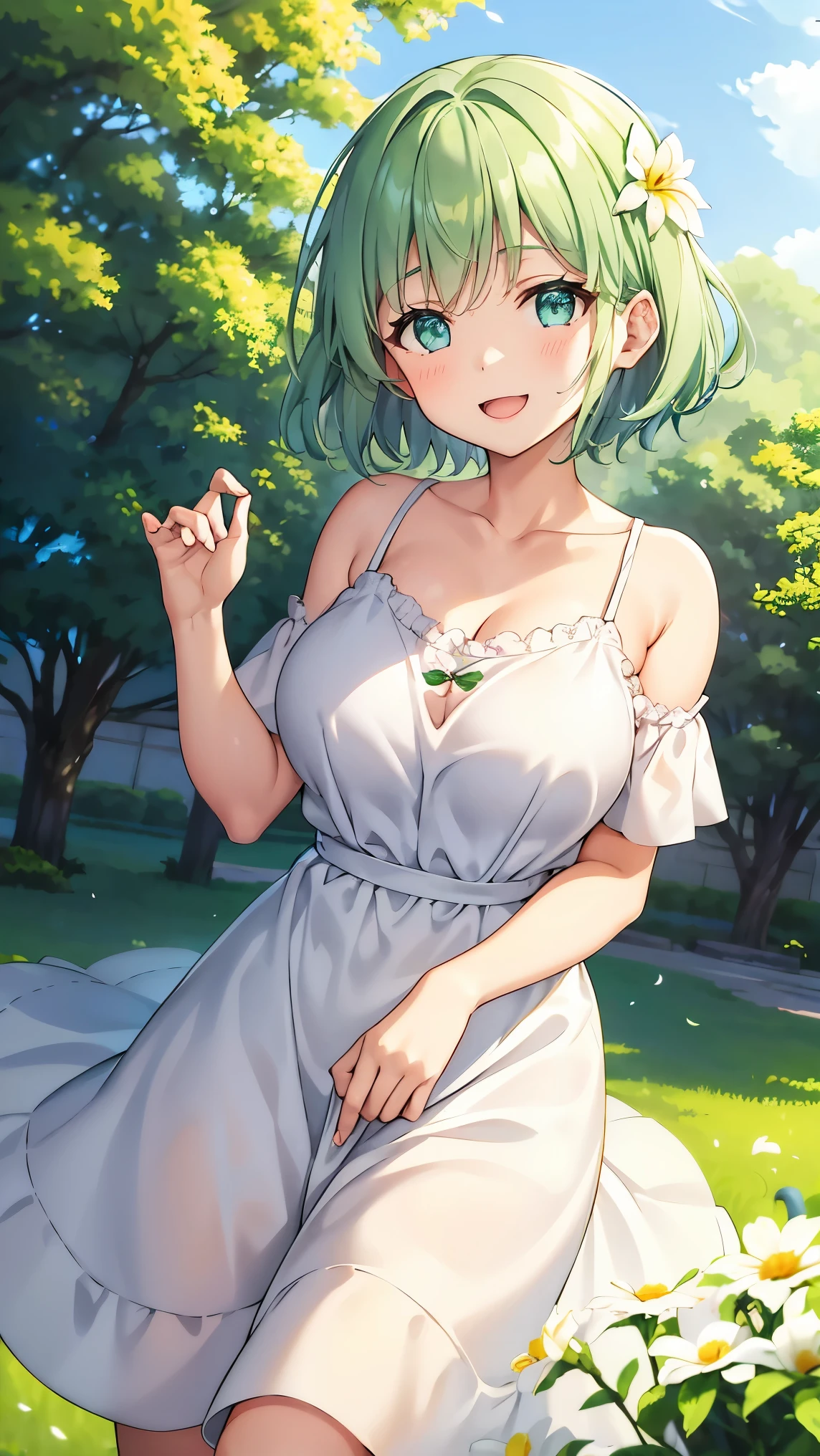 Girl with short green hair, Small size breasts, Small breasts、Green Eyes, White Casual Wear Beauty Special、(((tits))),Full body photo from head to toe、White dress、Colorful flower fields、Fluttering petals、A big smile when looking at the flowers、Uplifting
