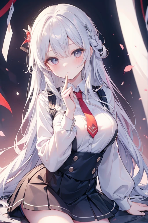 Best Quality, ultra-detailliert, Illustration, silber hair, Aimei，The long-haired，cute  face，beutiful breast，turned around，Suspender Skirt，long-sleeve，Dark blue skirt，neck tie，Close，Angle to show off breasts，finely detail，Perfect fingers，Low exposure，long-sleeve，leaning down，red blush，embarrassed from，Bring your face closer，One-person viewpoint，