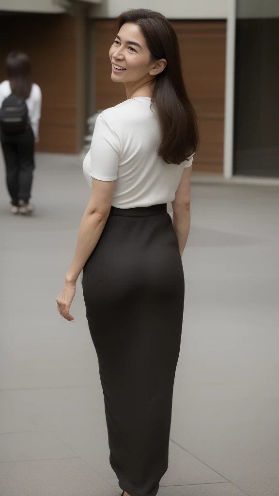 ((Highest quality)), ((8K)), ((masterpiece:1.3)), (Perfect appearance), ((Woman looking back)), (JMA), Sidewalk in an office district, Walking through the crowd, One Japanese woman, 47 years old, Married women, Wedding ring on ring finger of left hand, Facial wrinkles:1.2, Wrinkles around the eyes:0.8, Tear bags around the eyes, double eyelid, Lightweight knit short sleeve sweater, Shoulder bag, Wide pants with a tight waist, Long Hair, (ウェーブしたLong Hair), (Unbunched hair), Back view:1.6), (Rotate with only your upper body), (look back strongly:1.6), (Centrifugal force, Her silky hair reaches down to her waist.:1.2), Laugh with the corners of your mouth turned up, (Accentuated hip line:1.4), High heels, ((whole body:1.5)), Angle looking up at a woman from below:1.2,