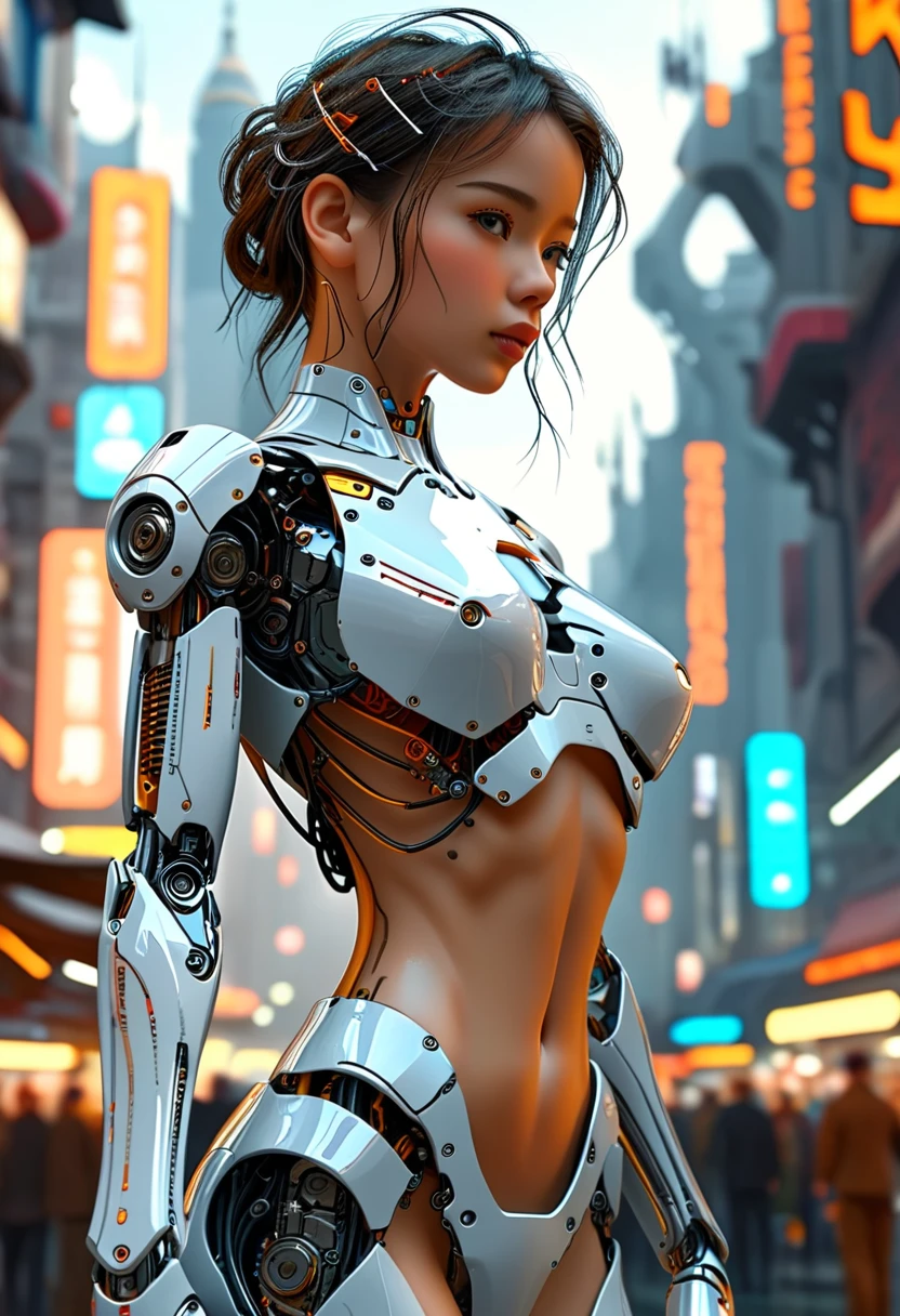 a beautiful woman-robot standing in a futuristic city backdrop, detailed intricate mechanical parts seamlessly blended with a slender, graceful humanoid form, magnificent anatomy and physique, 1/2 body crop, (best quality, 4k, 8k, highres, masterpiece:1.2), ultra-detailed,(realistic, photorealistic, photo-realistic:1.37), HDR, (intricate details:1.12), (intricate details, hyper-detailing:1.15), (natural skin textures, hyper realisitc, soft light, Sharp:1.2)