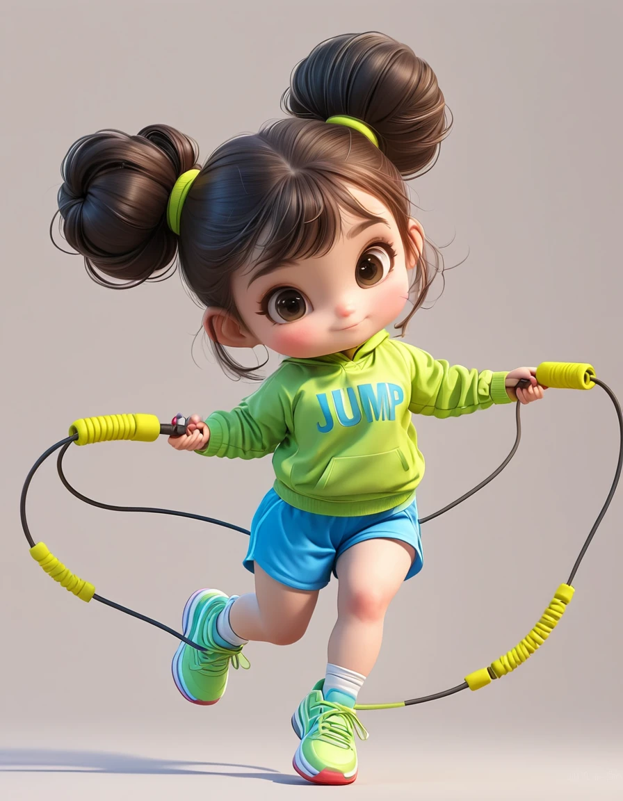 3D,1 Girl,2 buns,jump rope,Sportswear Set,Cartoon Style