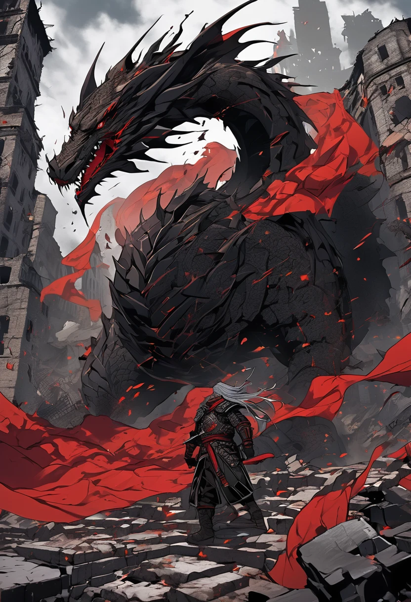 A man stands atop the ruins of a broken city, his red war flag with a dragon pattern billowing in the wind. He wears a black armor, his face twisted in a snarl of anger. The cityscape behind him is a maze of crumbling buildings and twisted metal. The sky is a deep, foreboding grey. Copy code block