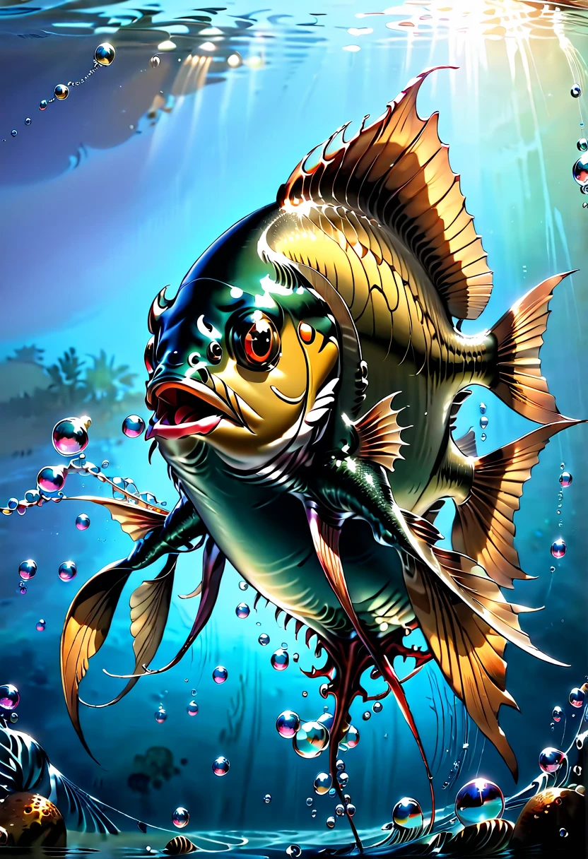 Piranha, The New Renaissance, Friend or Foe?, the rip art of Leonardo Da Vinci, vibrant solid colors and small bubbles, octane rendered, 8k, hyper detailed, trending on artstation, painterly style, --ar 16:6