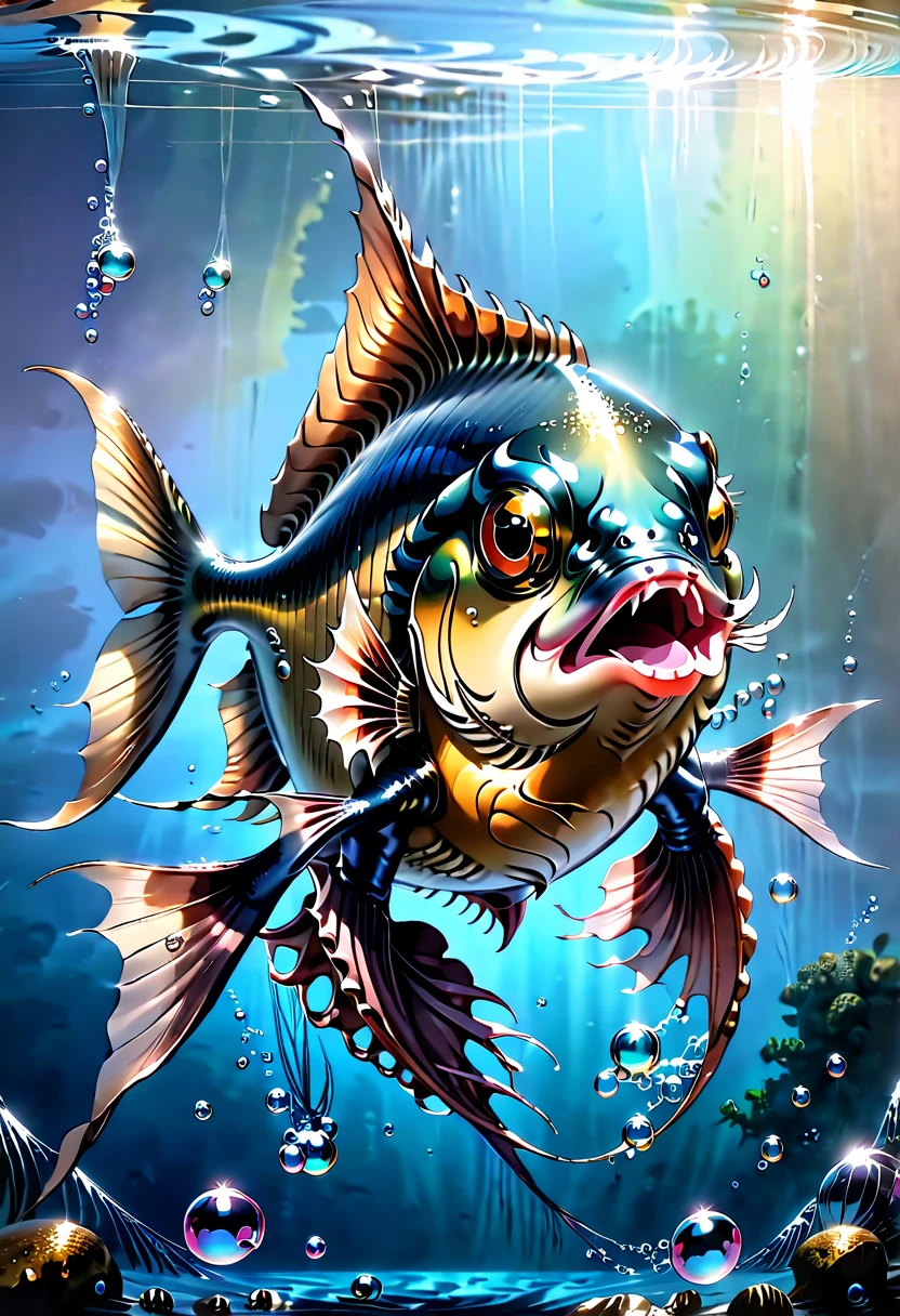 Piranha, The New Renaissance, Friend or Foe?, the rip art of Leonardo Da Vinci, vibrant solid colors and small bubbles, octane rendered, 8k, hyper detailed, trending on artstation, painterly style, --ar 16:6