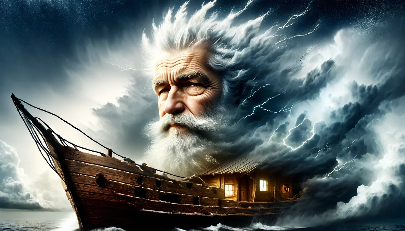 a sleeping old man inside a wooden ship, storm