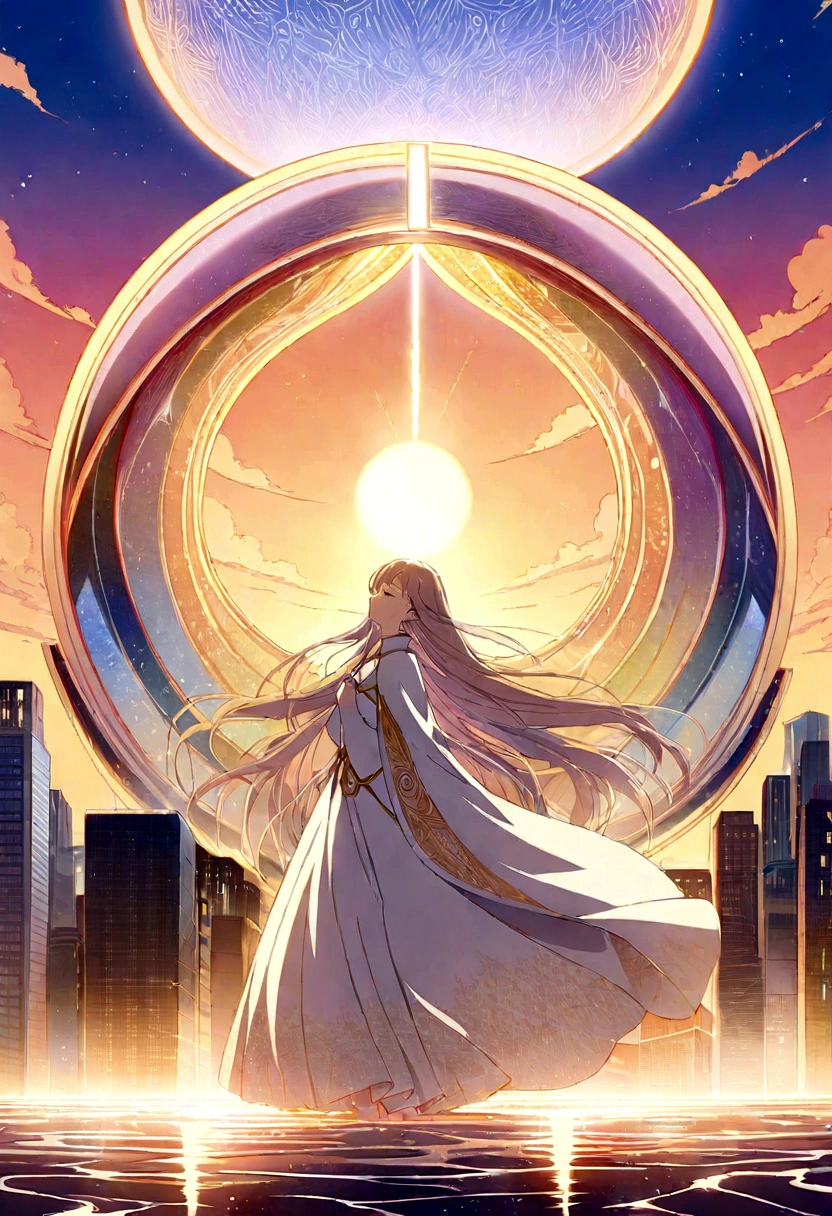 An intricate and detailed anime illustration of a woman in deep concentration, her eyes closed as she peers into the future. She wears a flowing white kimono with intricate patterns, and her long hair flows behind her like a cape. A gentle breeze blows, creating ripples in the air around her, and a golden aura surrounds her, symbolizing her connection to the future. The background is a vibrant cityscape with futuristic buildings, a rainbow bridge, and a distant, glowing sunset., anime, illustration