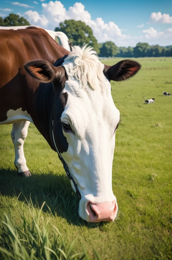 a cow eating grass in a pasture (8K realistic style)