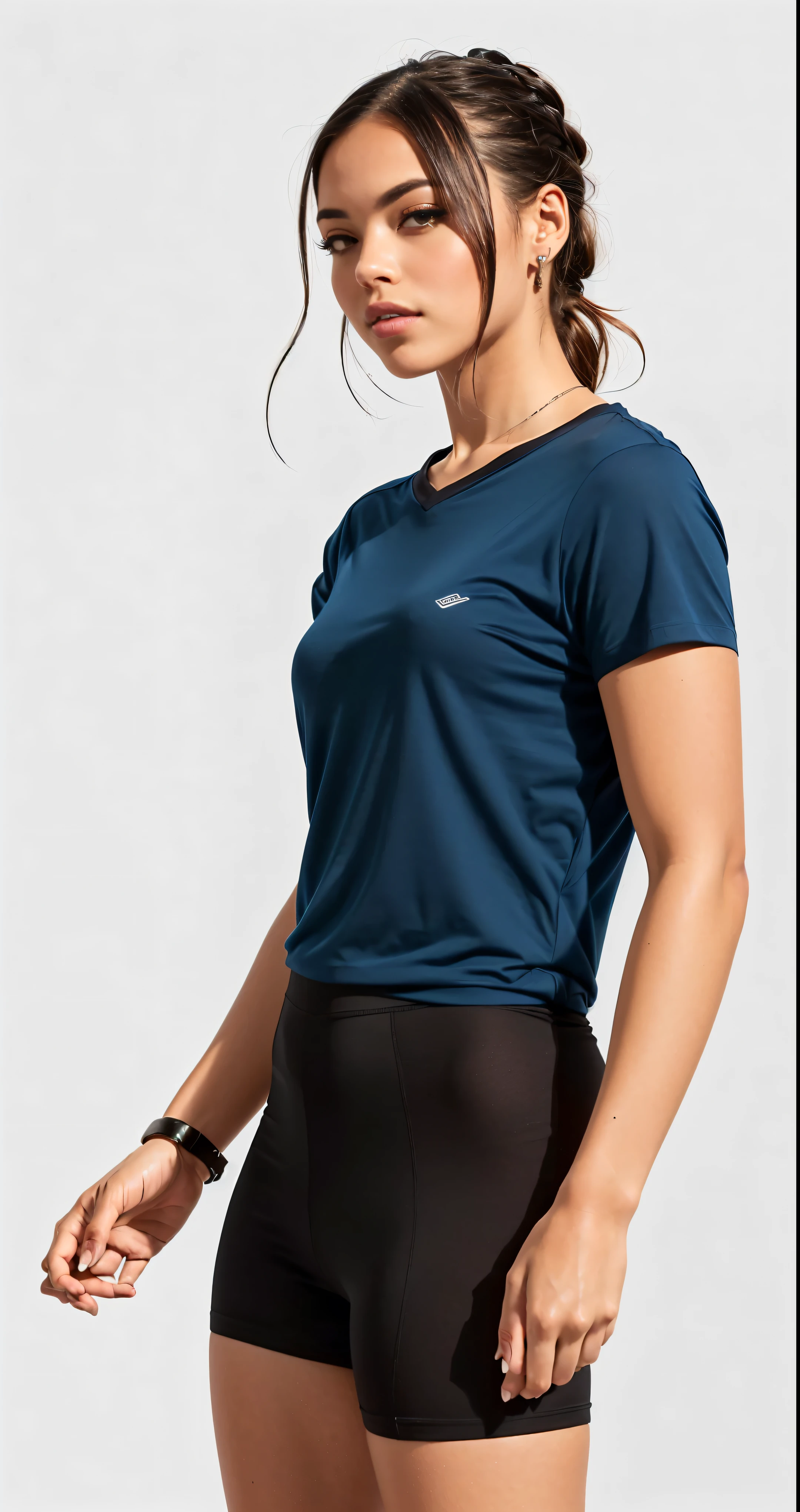 a woman in a blue shirt and black shorts posing for a photo, blue tight t-shirt, with torn t-shirt, wearing a cropped tops, sports clothes, wearing a cropped top, casual outfit, manga curta, in teal clothes, in a dark teal polo shirt, usando um top cropped sexy, wearing a short top, top cut