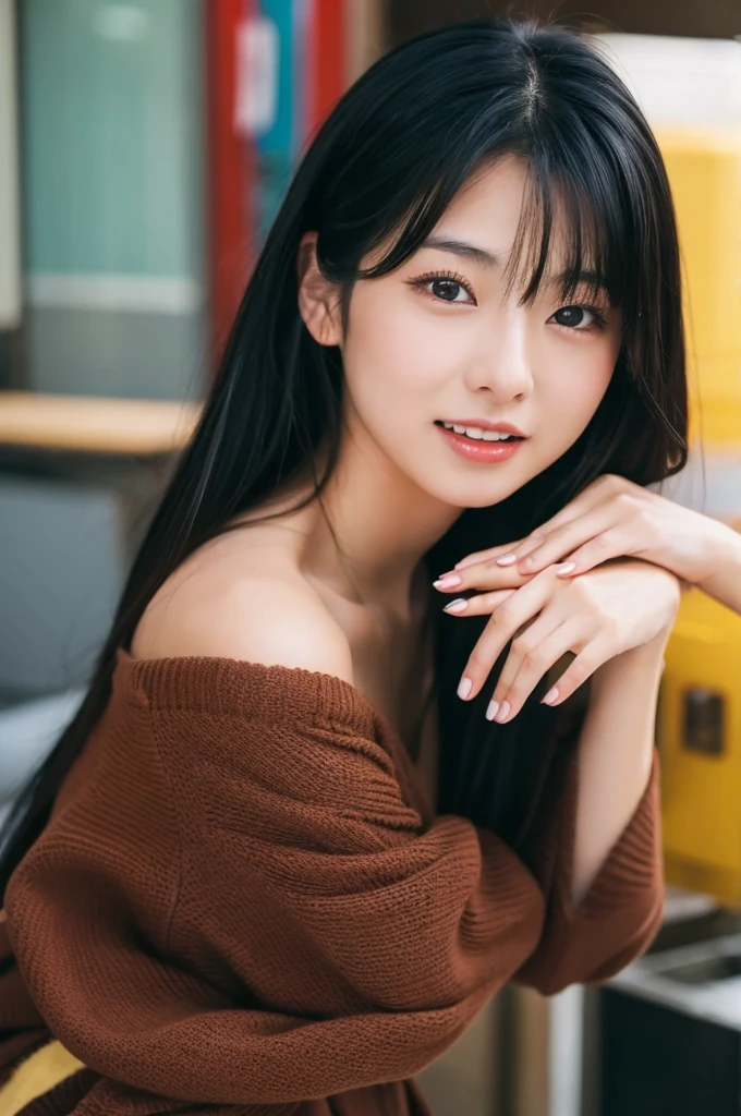 A sexy Japanese woman in her 20s with long black hair has her mouth open、The clothes are red