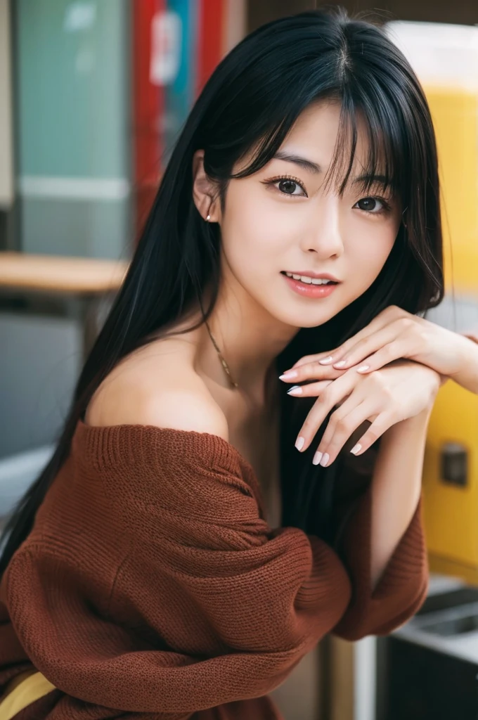 A sexy Japanese woman in her 20s with long black hair has her mouth open、The clothes are red