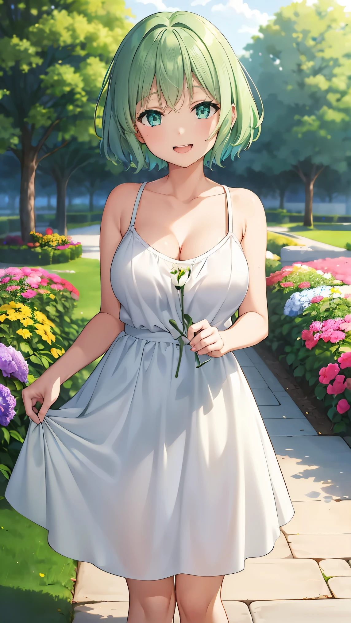 Girl with short green hair, Small size breasts, Small breasts、Green Eyes, White Casual Wear Beauty Special、(((tits))),Full body photo from head to toe、White dress、Colorful flower fields、Fluttering petals、A big smile when looking at the flowers、Uplifting