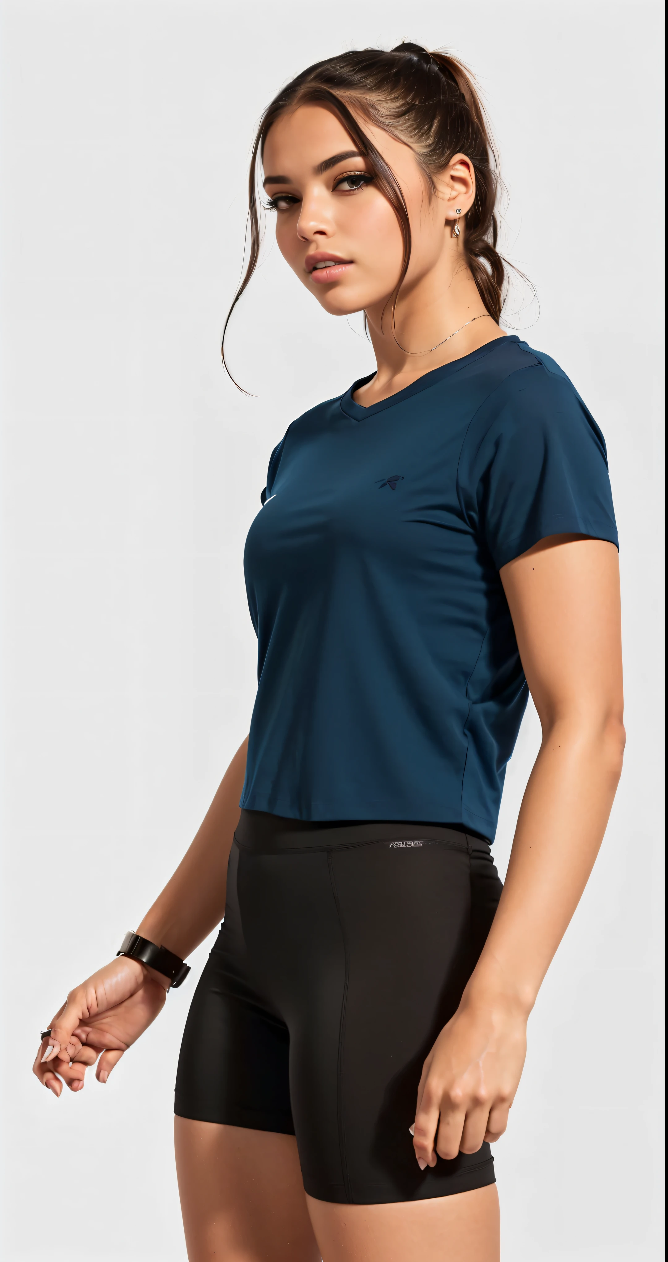 a woman in a blue shirt and black shorts posing for a photo, blue tight t-shirt, with torn t-shirt, wearing a cropped tops, sports clothes, wearing a cropped top, casual outfit, manga curta, in teal clothes, in a dark teal polo shirt, usando um top cropped sexy, wearing a short top, top cut