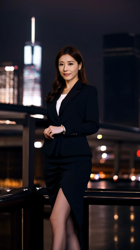 Describe a female office worker in her thirties, wearing a tight skirt, standing along the river at night. In the background, lights from skyscrapers reflect off the river, creating a beautiful night scene. The woman looks confident and is dressed in business casual attire." They are very sexually attractive.