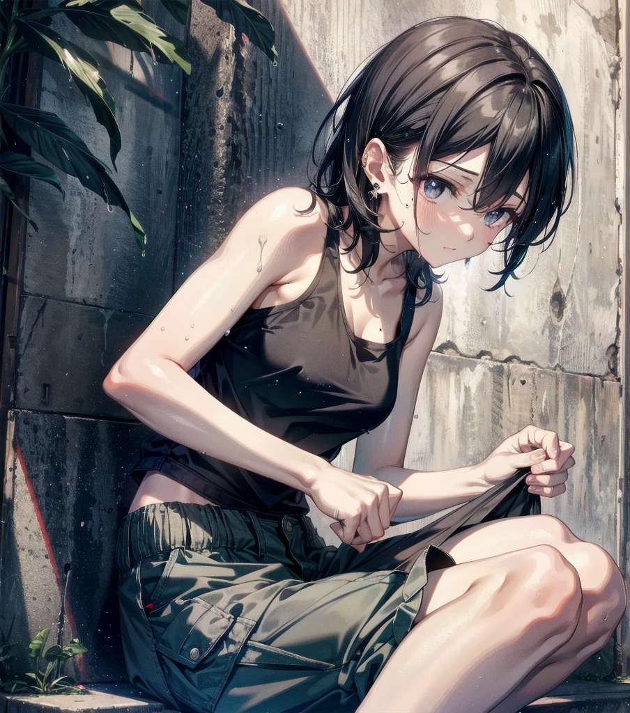 whole body, solo, alone, delicate facial features, medium tits, medium hair, black hair, tearful mole, earring, tank top shirt, cargo pants, shorts, wet,
