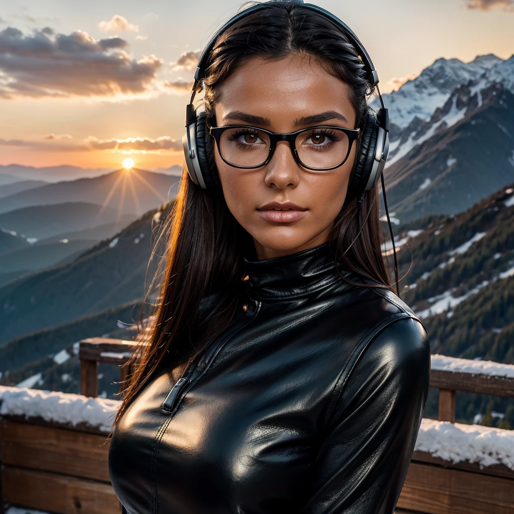 close up of a beautiful german female with tanned face, dark hazelnut eyes, with large headphones, wearing a tight black leather shirt, very detailed eyes, intense gaze, slim nose, naso molto sottile e fine, wearing small glasses, long black hair with highlights, long leather gloves, sunset sky on a isolated mountain terrace with snow in the background, soft light