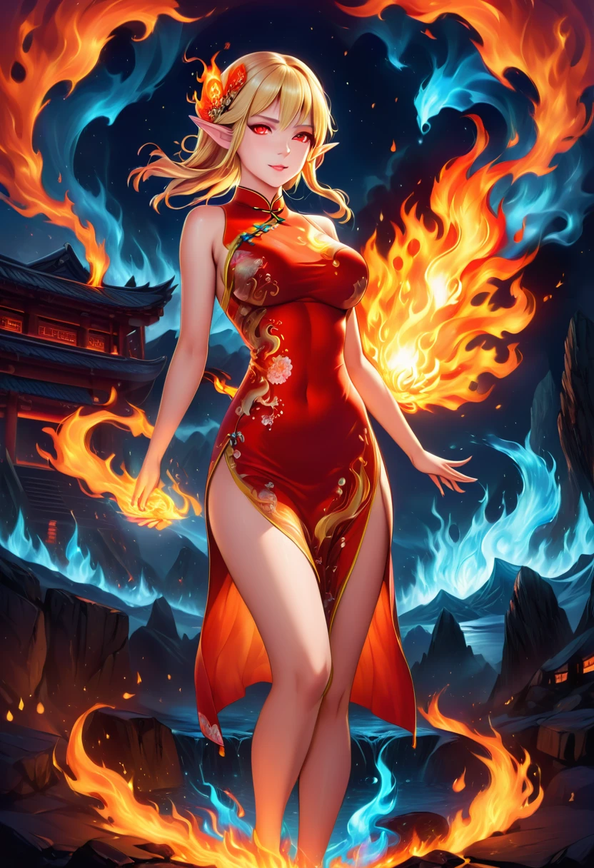 igh details, best quality, 16k, [ultra detailed], masterpiece, best quality, (extremely detailed), full body, ultra wide shot, photorealistic, fantasy art, dnd art, rpg art, realistic art, an ultra wide picture of a female elf (intricate details, wearing fiery (white Cheongsam with flames rising from the Cheongsam, studded with red diamonds: 1.5), goddess of fire ((fiery radiant aura)), controlling a swirling red fire, fiery red radiant magic (1.5 intricate details, Masterpiece, best quality), manipulating purple radiant magical symbols, [[divine symbols]] (intricate details, Masterpiece, best quality: 1.5), elf female, (blond hair: 1.3), long hair, hair with aura, with red radiant eyes, intense eyes, (( red glowing eyes: 1.3)), she wears Cheongsam with fiery patterns, (the fire leaps from the patterns on Cheongsam into live fire: 1.3), fantasy volcano back ground, streams of lava, dynamic background, high details, best quality, highres, ultra wide angle, faize, diam0nd, fire that looks like..