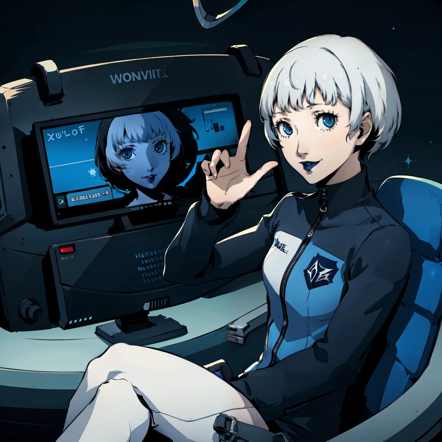 masterpiece, ((best quality)),((1 girl)), blue eyes, black lipstick, white hair, female , tomboy Pixie haircut, deep blue suit, white hair, white hair,smiling,hacker,in the,dark room,sitting,looking monitor,cute