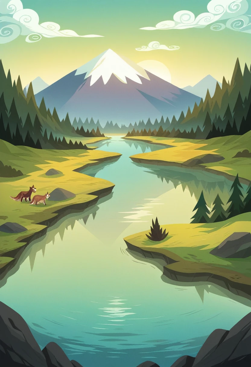 A vibrant, vector-style illustration for an event announcement, featuring four people (two men and two women) enjoying Nordic walking by a serene mountain lake. The scene is set in a picturesque mountainous landscape with a clear, sparkling lake in the background. The characters are placed in the foreground, enjoying a refreshing morning walk under a bright, clear sky with the sun casting a gentle, invigorating light. The image should exude a fresh and lively atmosphere, without any unnatural buildings or litter. The focus is on a cheerful, health-promoting activity in a beautiful, natural setting.