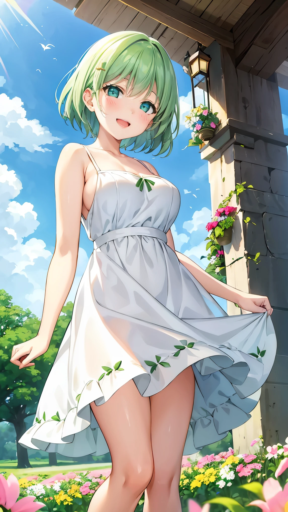 Girl with short green hair, Small size breasts, Small breasts、Green Eyes, White Casual Wear Beauty Special、(((tits))),Full body photo from head to toe、White dress、Colorful flower fields、Fluttering petals、A big smile when looking at the flowers、Uplifting