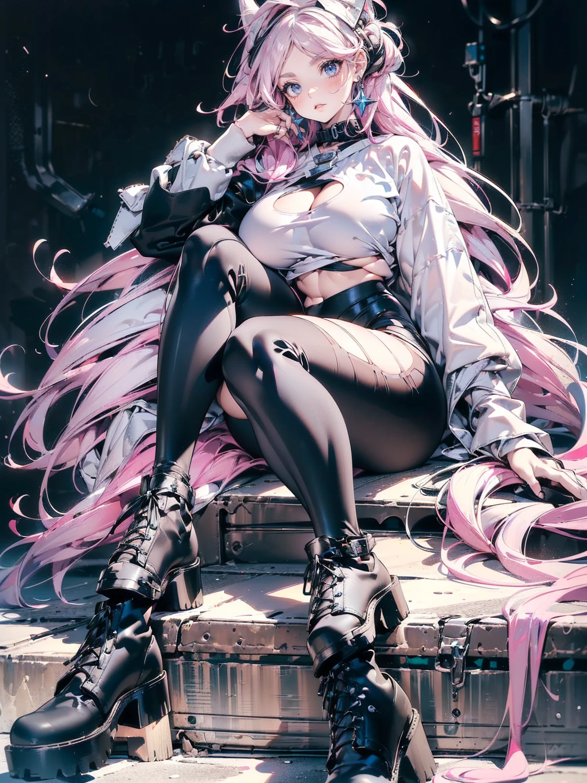 (((unique look:1.5, The eyes of famous artists, Unique Fashion)))、Pink Hair (White Hair Girl), (Thick, dark blue eyebrows:1.4), (Dark blue eyebrows:1.7), (Thick eyebrows:1.3), (Huge black fluffy animal ears:1.1), (Black animal ears:1.1), BREAK, (((Mesh Stitching Crop T-Shirt, Cutout Long Sleeve Top))),BREAK, (:1.2, Thick legs, Adult female body, Sturdy body:1.5), ((Relax in the great outdoors:1.5)), (sharp eyes, Ultra-high definition CG, Precisely designed costumes, 4K, 8K, Ultra-high definition CG, , Expressive and Captivating Eyes, Fine Details and Realistic Textures, cinematic lighting), , BREAK, (Wearing black leggings with holes), Skinny sleeves, (Torn and holey leggings:1.2)(Black leggings:1.4), (Punkish Boots:1.2), (Thick sole:1.5), (Big shoes:1.3), ((unique look:1.5, The eyes of famous artists))