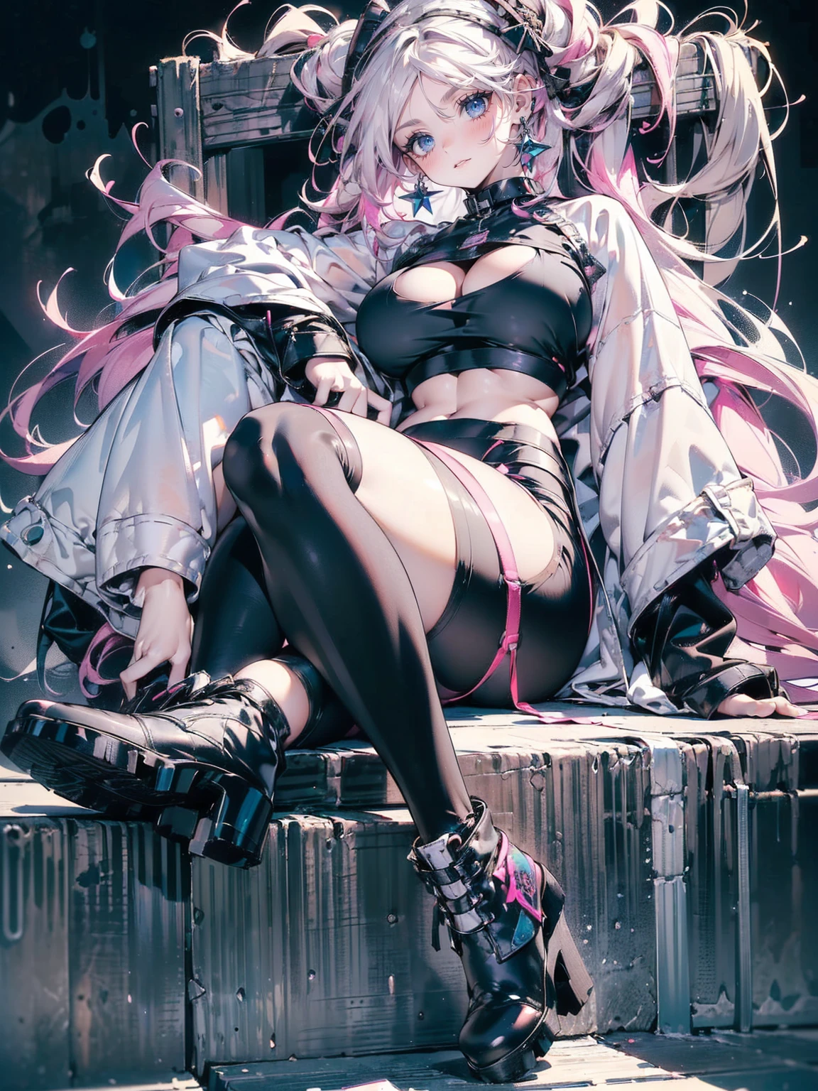 (((unique look:1.5, The eyes of famous artists, Unique Fashion)))、Pink Hair (White Hair Girl), (Thick, dark blue eyebrows:1.4), (Dark blue eyebrows:1.7), (Thick eyebrows:1.3), (Huge black fluffy animal ears:1.1), (Black animal ears:1.1), BREAK, (((Mesh Stitching Crop T-Shirt, Cutout Long Sleeve Top))),BREAK, (:1.2, Thick legs, Adult female body, Sturdy body:1.5), ((Relax in the great outdoors:1.5)), (sharp eyes, Ultra-high definition CG, Precisely designed costumes, 4K, 8K, Ultra-high definition CG, , Expressive and Captivating Eyes, Fine Details and Realistic Textures, cinematic lighting), , BREAK, (Wearing black leggings with holes), Skinny sleeves, (Torn and holey leggings:1.2)(Black leggings:1.4), (Punkish Boots:1.2), (Thick sole:1.5), (Big shoes:1.3), ((unique look:1.5, The eyes of famous artists))