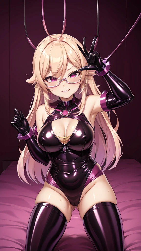 Erotic Rosalina, voluminous, tall, female executive in shiny purple rubber suit, red, black background, heart, bedroom, dark theme, evil, temptation, excited, condescending smile, sexy pose