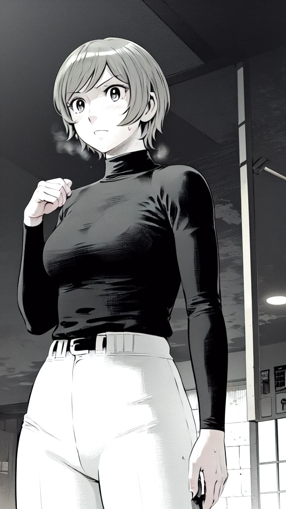 (Baseball uniform:1.2),
Blonde Hair, (short hair:1.2),Long sleeve, Black Shirt, turtleneck,White trousers、uniform、Black belt、((Illustration of people))、Big 、
View Audience,, (Highest quality:1.3),One Girl, White pants、uniform、Outdoor、baseball ground、ground、soil、blue eyes、Tight black shirt、(masterpiece、Highest quality)、Highest quality, Ultra-high resolution, (((masterpiece))), alone, Sweat、Big eyes、Big Breasts、One Girl, Front view、Embarrassed face、Bronze colored hair、((short hair))、Stand up straight