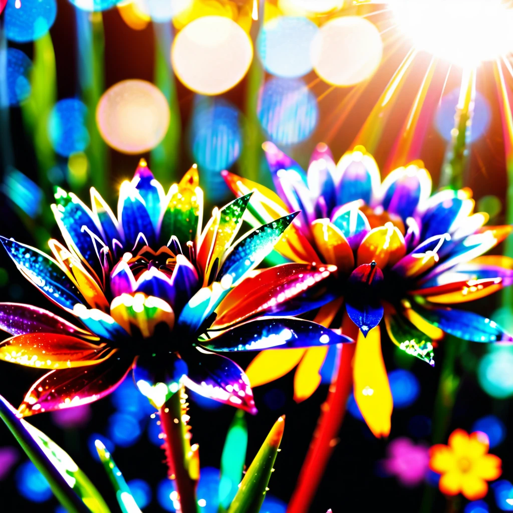 flowers, rainbow, synesthesia, light leak, bokeh, cinematic lighting, depth of field, sparkle, bloom, lens flare, overexposure, diffraction spikes, highres, 4K, 8k, 16k, HD
