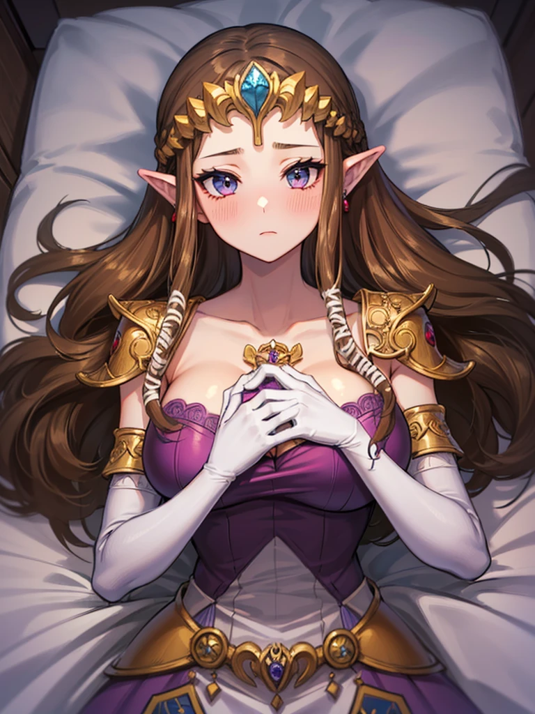 ((Expressionless)),((((1 boy, POV hands, Grab your chest)))),((Upper Body)),((alone)),((Lying in bed)),Anime art style,masterpiece,(Highest quality), (Super detailed),(Very delicate and beautiful),(alone),(detailedな顔と目),Beautiful eyes like jewels,(A truly gorgeous jeweled ruffled rococo ball gown dress),(((Mature Woman,Queen))),((1 Queen in a beautiful embroidery and jeweled absolutely gorgeous rococo ballgown dress with voluminous full length hoop skirt)),((crinoline)),Very detailedな絶対にゴージャスなロココボールガウンdressとフリルのボリュームのあるフルレングスのフープスカート,((Straight hair galore,Very long straight hair with plenty of volume,Super long straight hair)),,Cleavage,(bed),length_gloves,Very gorgeous hair accessory,Sparkling、A gorgeous jewel-studded tiara,((Gorgeous Glitter Jewelry)),Full body portrait,((bangs)),((Golden hair ornament)),((((Front Face)))),((((Adult Expressions)))),((((Beautiful Face)))),(((Exposed clothing)))),(()),(((Long Hair)))),((((Straight hair)))),((Cleavage)),((((Dark brown hair)))),Princess Zelda,((chest is slightly exposed)), ((Highest quality)),,(Very detailed) ,((Purple blouse)),((Put your arms behind your back)),Brown Hair,((Embarrassed look)),Blushing, ((Highest quality)), (Very detailed),((detailed)),(((pray))),Nintendo, The Legend of Zelda),Blushing,((alone)), ((Highest quality)), (Very detailed), ,